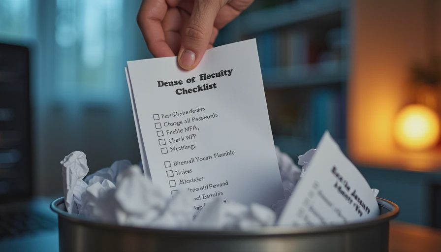 A documentary photo of a person's hand crumpling a long security checklist and throwing it into a wastebasket, representing the failure of overwhelming advice.
