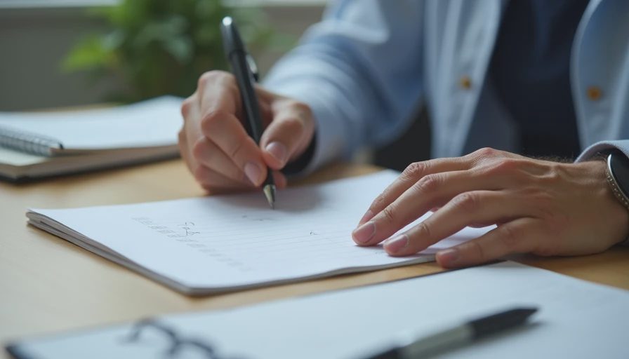 A close-up documentary image of hands writing notes on a paper notebook at a desk in natural light.