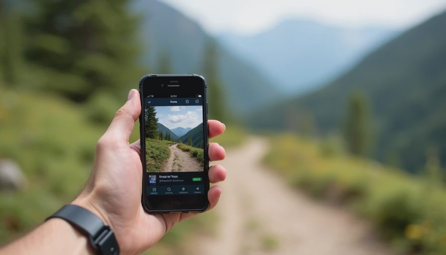 A documentary shot of a person holding a smartphone on an outdoor trail, capturing a natural moment of browsing photos during a trip.
