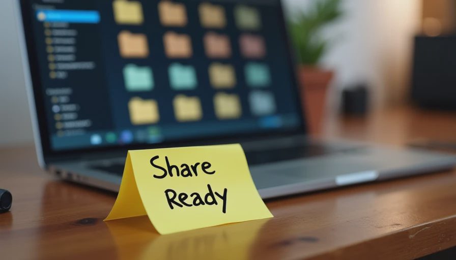 A documentary photo of a tidy desk setup with a handwritten note labeled 'Share Ready' next to a laptop displaying an organized folder structure.