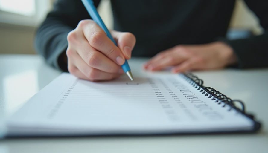 A close-up documentary image of hands writing notes on a paper notebook at a desk in natural light.