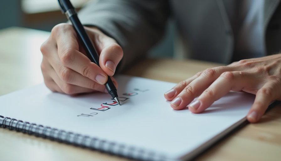 A close-up documentary image of hands writing notes on a paper notebook at a desk in natural light.