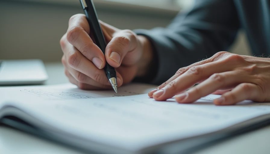 A close-up documentary image of hands writing notes on a paper notebook at a desk in natural light.