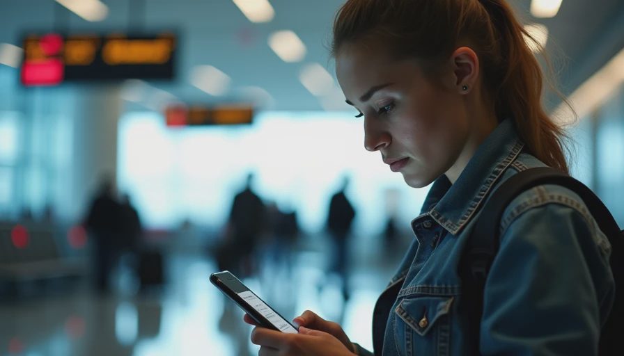 A documentary close-up of a traveler looking at a smartphone displaying a security or connection warning screen in a busy airport terminal.