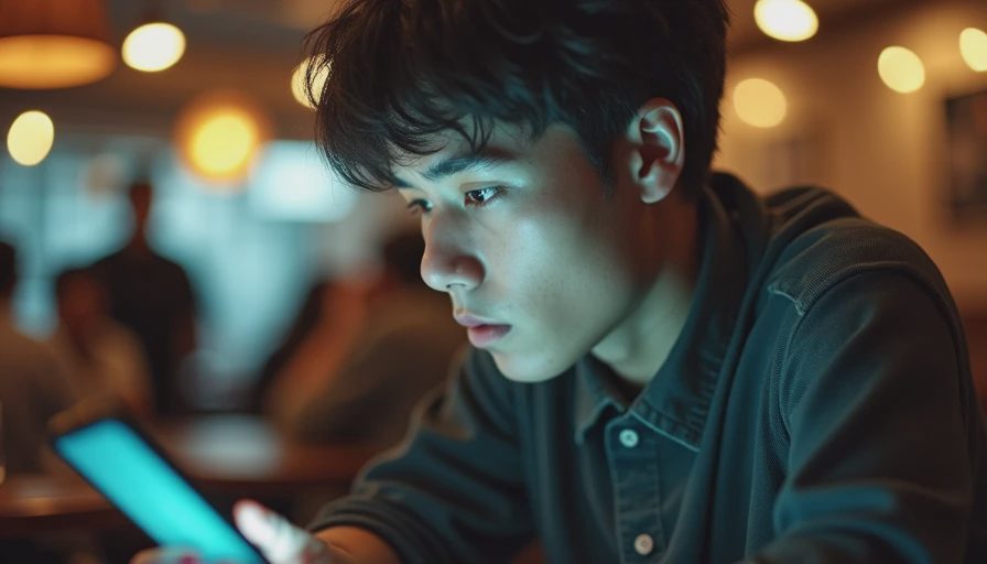 A documentary close-up of a person looking intently at a smartphone screen displaying a security alert in a dimly lit café.