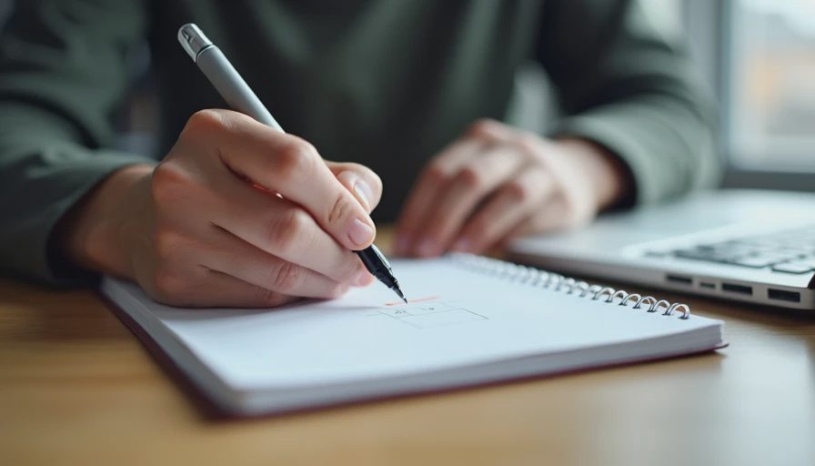 A close-up documentary image of hands checking off a task on a paper notebook with a pen in natural light.