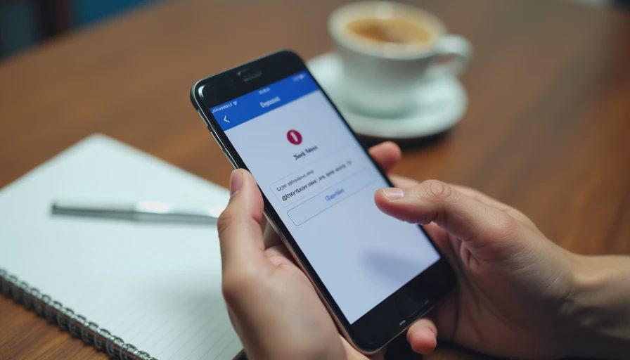 A documentary shot of a person holding a smartphone on a wooden table, capturing a realistic daily moment of reading a security alert.
