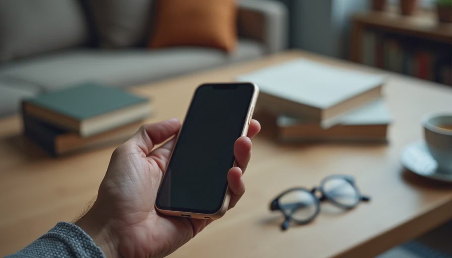 A documentary shot of a person holding a smartphone on a busy household table, capturing a realistic moment of daily life.