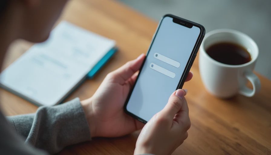 A documentary shot of a person holding a smartphone on a wooden table, capturing a realistic daily moment.