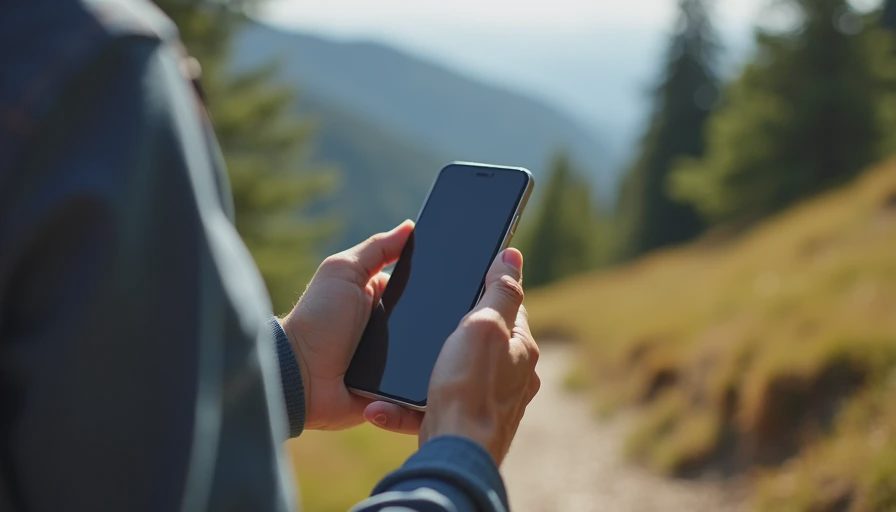 A documentary shot of a person holding a smartphone on an outdoor trail, capturing a realistic moment of low-connectivity travel.