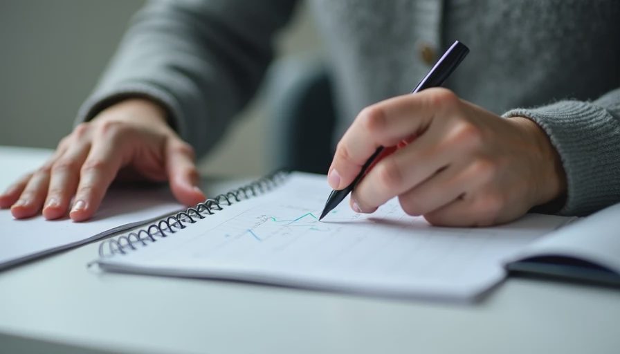 A close-up documentary image of hands writing notes on a paper notebook at a desk in natural light.