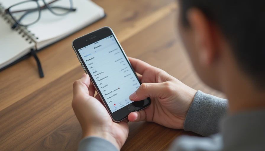 A documentary shot of a person holding a smartphone on a wooden table, capturing a realistic daily moment of reviewing account data.