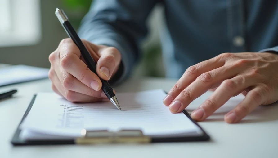 A close-up documentary image of hands writing notes on a paper notebook at a desk in natural light.