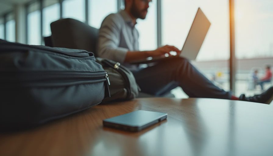 A documentary photo of a laptop and a compact portable SSD resting beside a travel bag in a bright, modern transit setting.