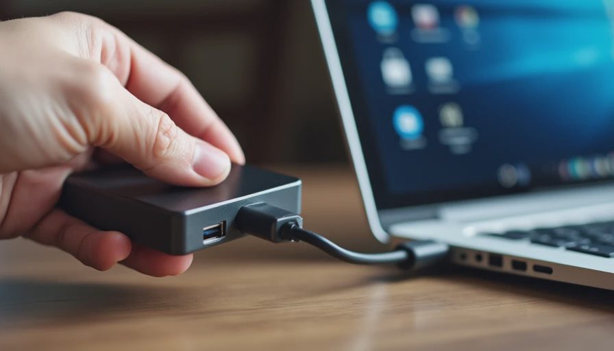 A close-up documentary shot of a hand plugging a portable external hard drive into a laptop's USB-C port.