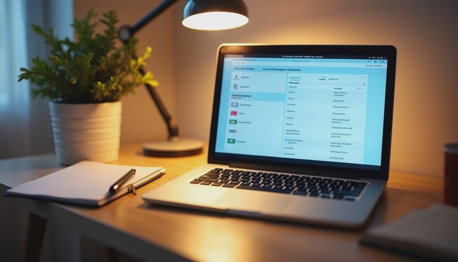 A documentary photo of a tidy desk with a laptop showing a trusted devices list and an open notebook alongside.