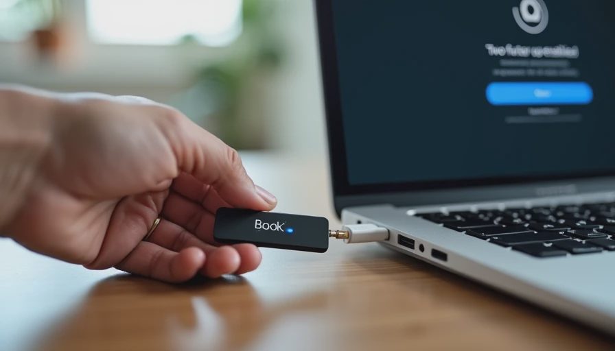 A close-up documentary photograph showing a hand inserting a hardware security key into a laptop's USB-C port, with the screen displaying a '2FA enabled' confirmation.