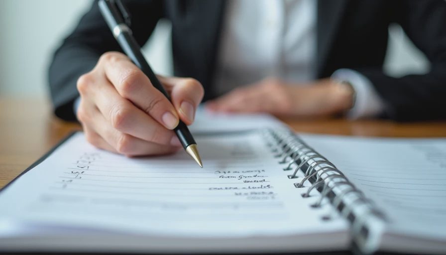 A close-up documentary image of hands writing notes on a paper notebook at a desk in natural light.