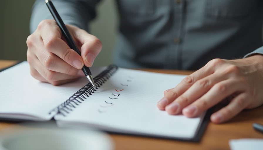 A close-up documentary image of hands checking off a task on a paper notebook with a pen in natural light.