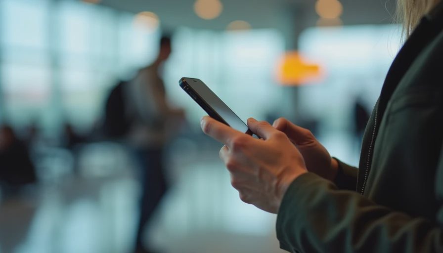 A documentary shot of a person holding a smartphone in a public space, capturing a realistic moment of everyday digital connectivity.