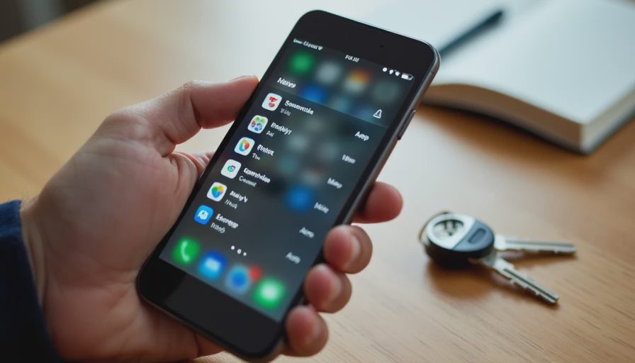 A documentary shot of a person holding a smartphone on a wooden table, capturing a realistic daily moment of checking app permissions.