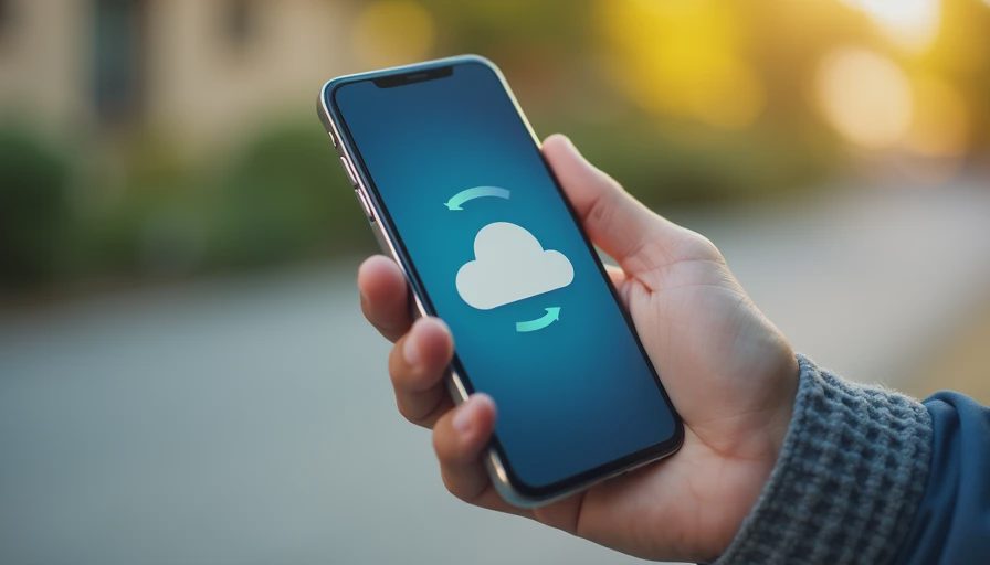 A documentary close-up of a hand holding a smartphone showing a cloud backup sync status screen against a blurred natural background.